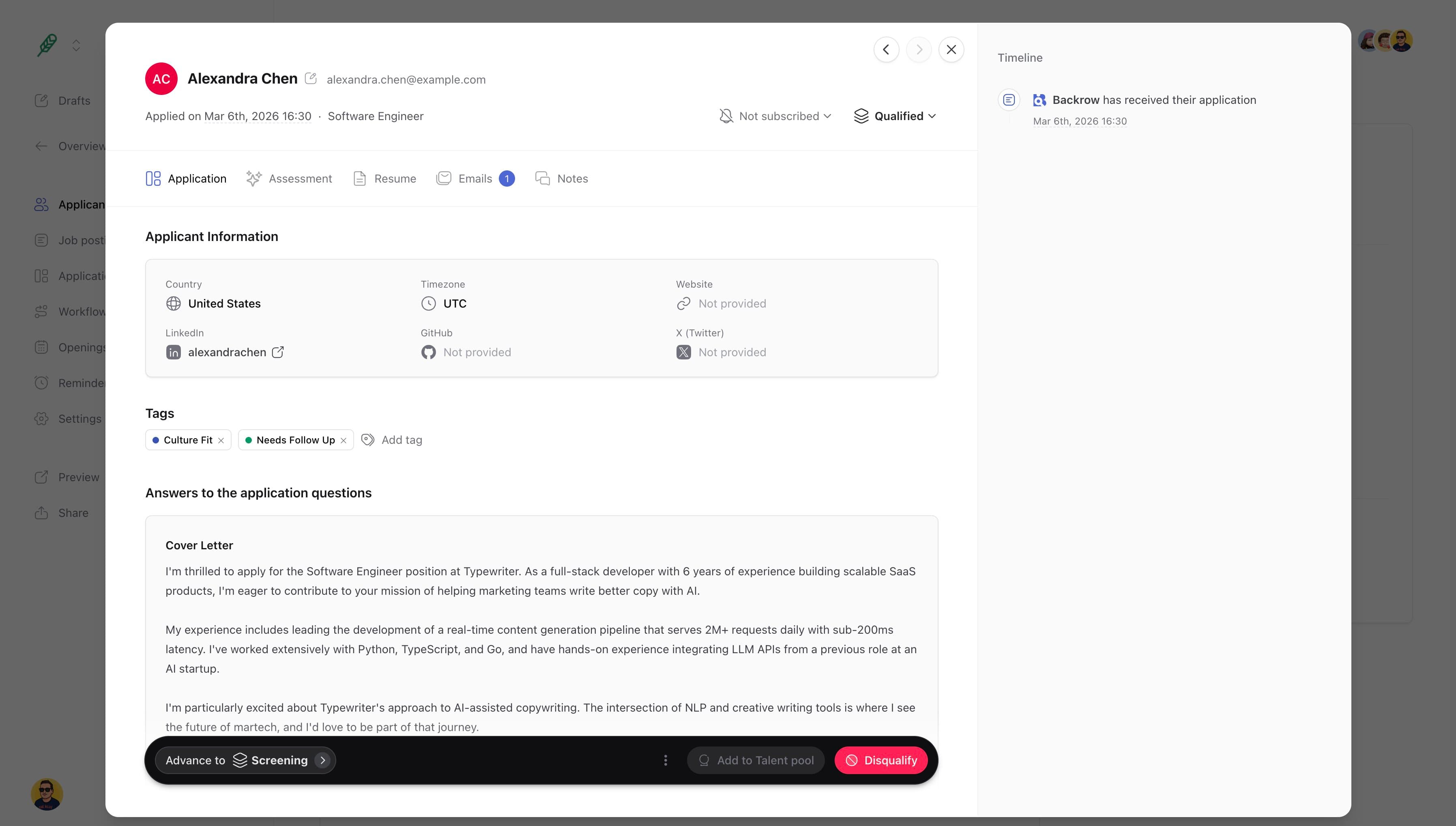 Backrow applicant tracking dashboard